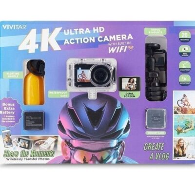 Vivitar 4K wifi Camera Kit Dual Screen w/ Batt Tripod Case MemoryCard