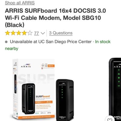 ARRIS SURFboard 16×4 DOCSIS 3.0 Wi-Fi Cable Modem, Model SBG10 (Black)